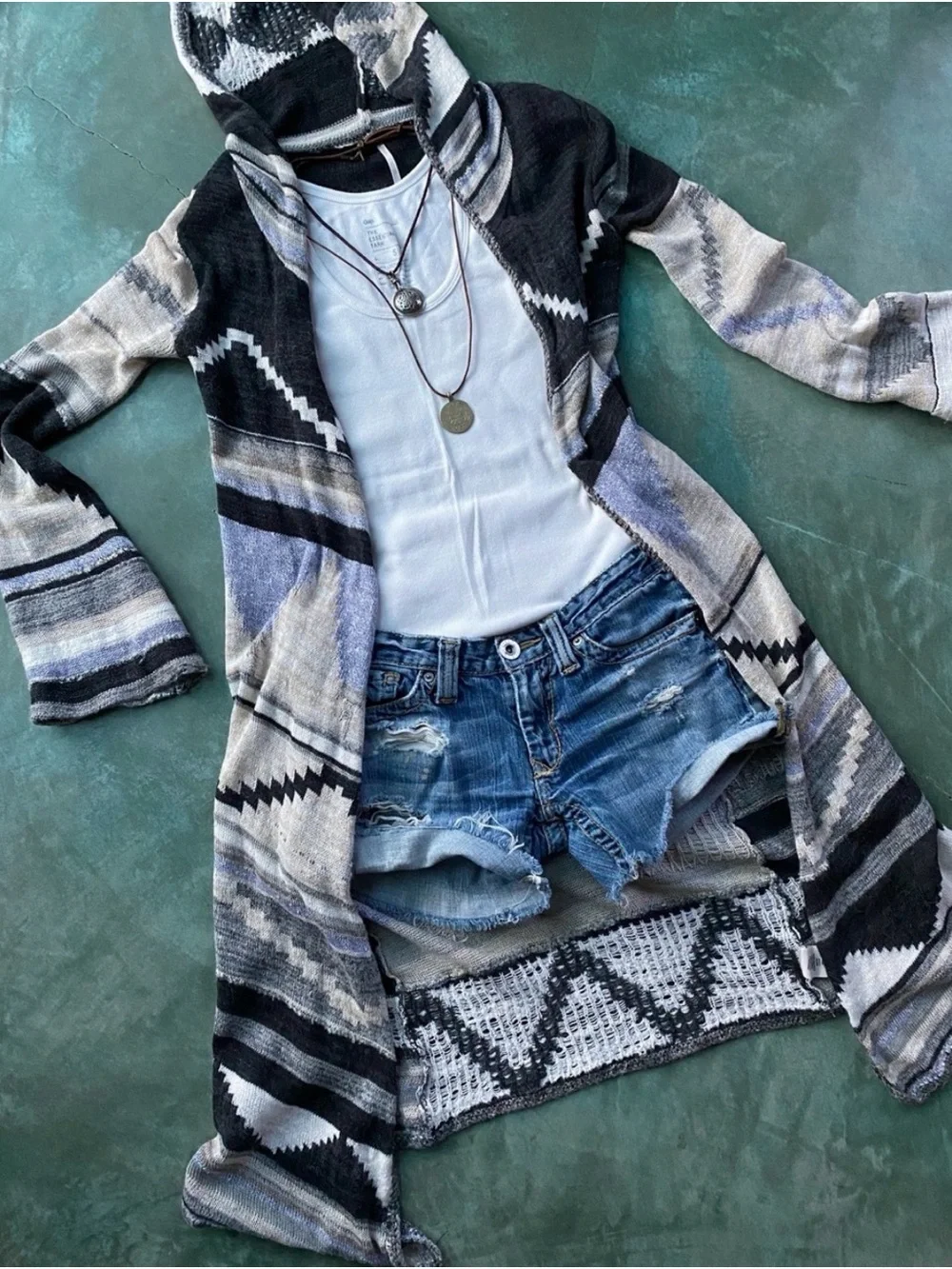 Free People Long Black and Cream Knit Cardigan with Hoodie